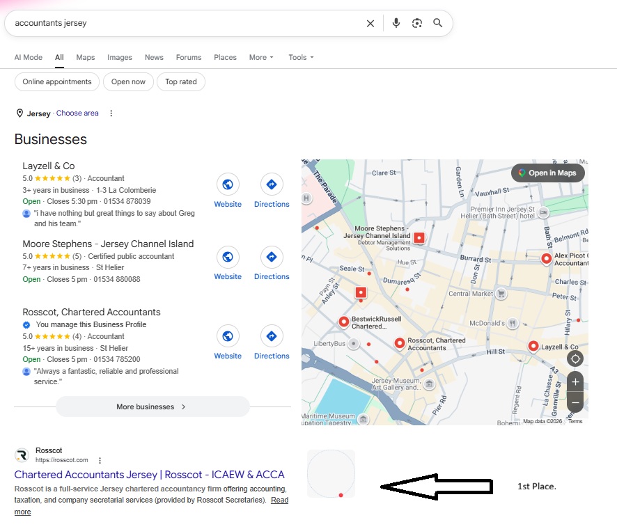 Rosscot Chartered Accountants ranking first on Google for accountants jersey, Clario Search client, SEO service