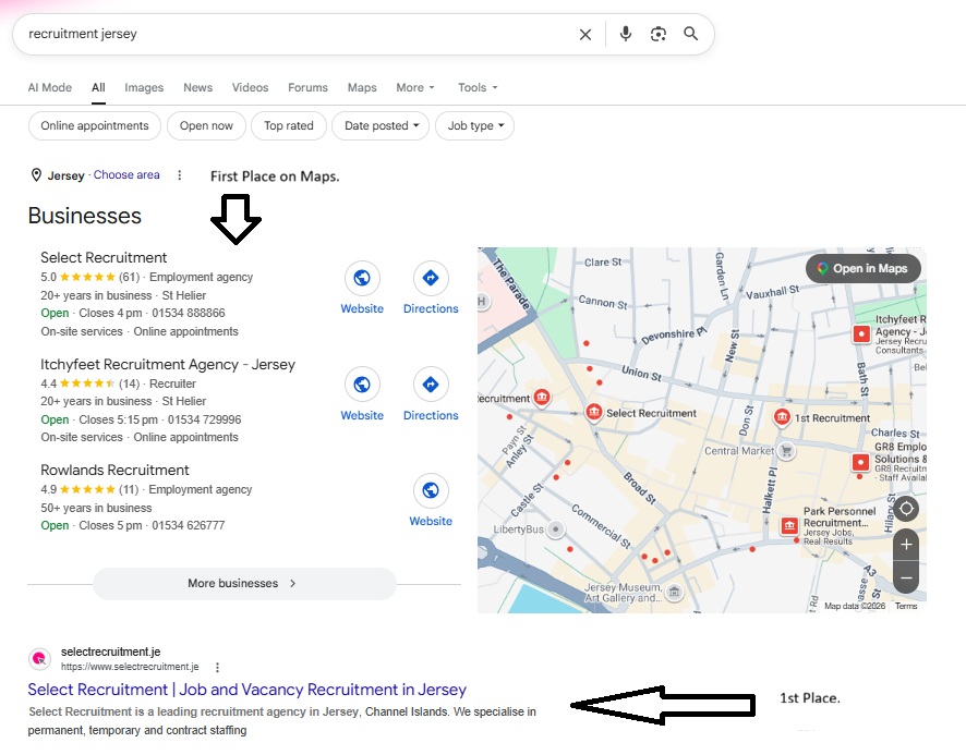 Select Recruitment ranking first on Google for recruitment jersey, Clario Search client, SEO service